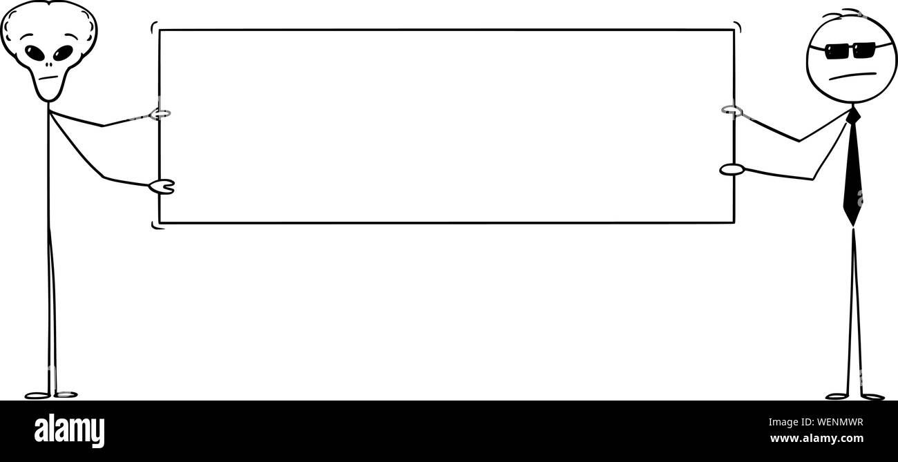 Vektor cartoon Strichmännchen Zeichnen konzeptionelle Darstellung der Außerirdischen alien und Secret Agent Holding große leere Zeichen bereit für ihren Text. Stock Vektor