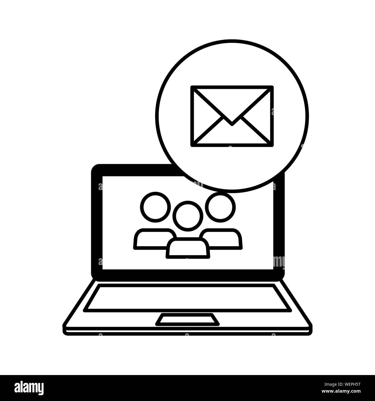 Laptop mit Kontakten und Umschlag e-Mail Stock Vektor