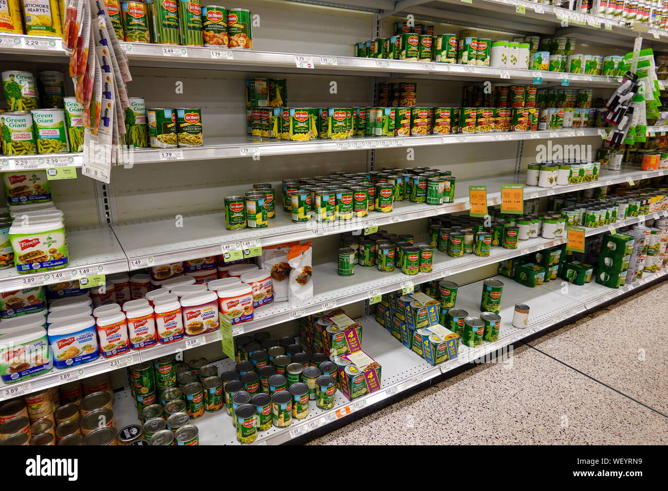 Orlando, FL/USA -8/30/19: Leere Lebensmittelgeschäft Regale von Konserven vor einem Hurrikan oder Schnee Sturm.. Stockfoto