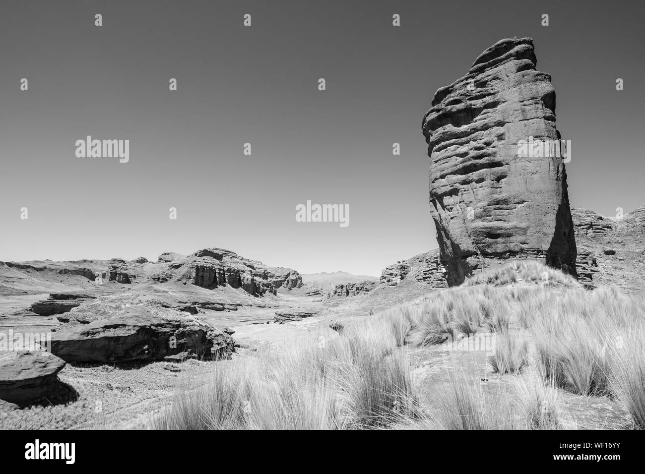 Erstaunlich anthropomorphen rock Zahlen sind auf die Landschaft der Region Tinajani Canyon, Puno, Peru in klassischem Schwarz und Weiß gezeichnet Stockfoto