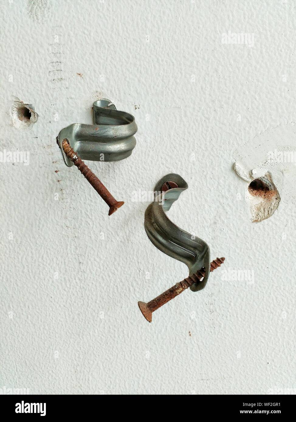 Rostige Nägel mit Halterungen auf der weißen Wand Stockfoto