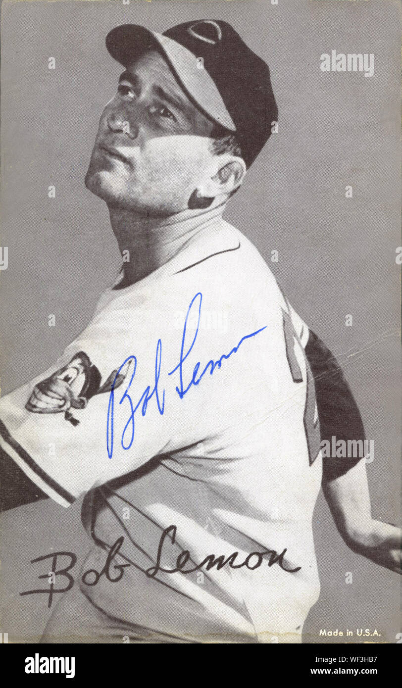 Autographiertes Foto der Hall of Fame Baseball spieler Bob Lemon, die in den 40er und 50er Jahren gespielt. Stockfoto