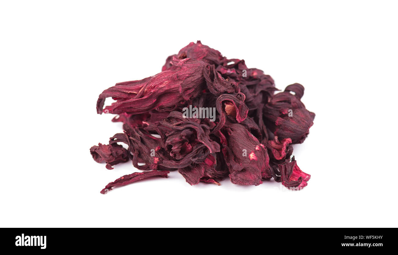 Getrocknete Hibiskusblüten. Hibiskus Tee close-up, auf weißem Hintergrund Stockfoto