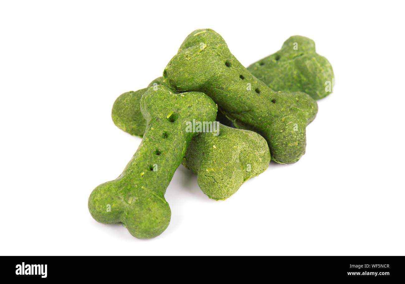 Cracker für Hunde in Knochen bilden, aus Algen, auf weißem Hintergrund Stockfoto