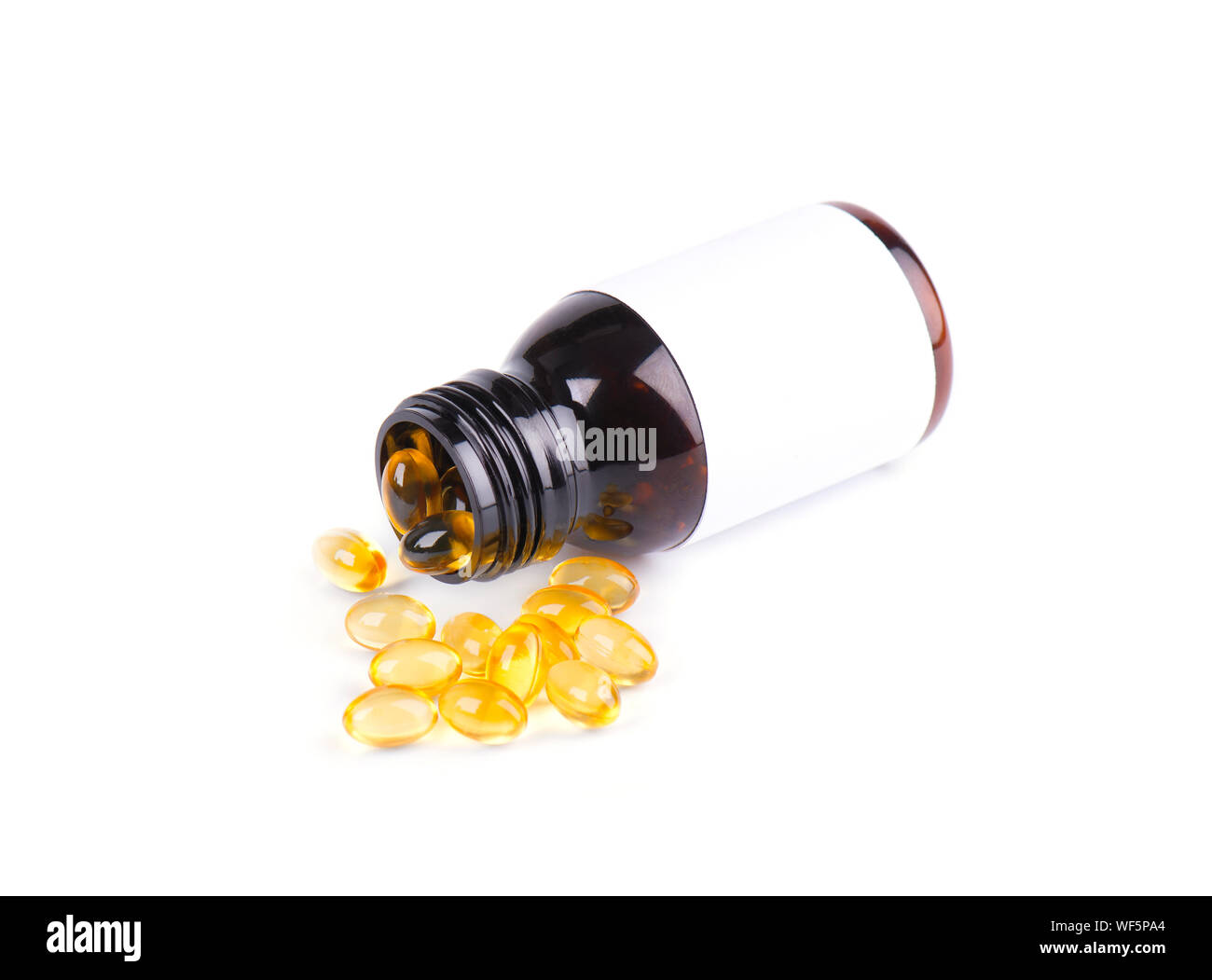Fischöl Pillen auf weißem Hintergrund. Glas, ein Container für Tabletten, Kapseln. Mock up Stockfoto
