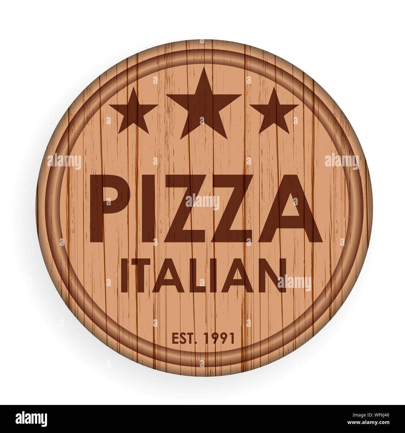Runde Holzplatte, Schneidebrett. Pizza Designelemente Vorlage für das Logo label für Pizzeria. Vector Illustration. Stock Vektor