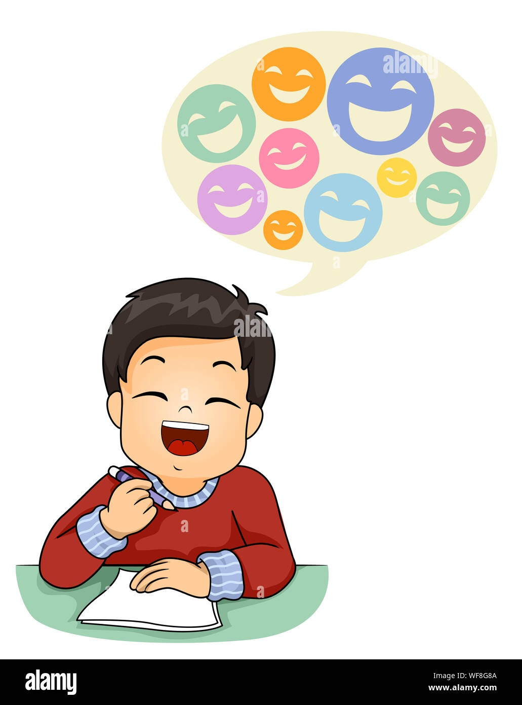 Abbildung: ein Kind Junge Witze lachen und Schreiben auf Papier mit einer Sprechblase mit voller smiley-Gesichter Stockfoto