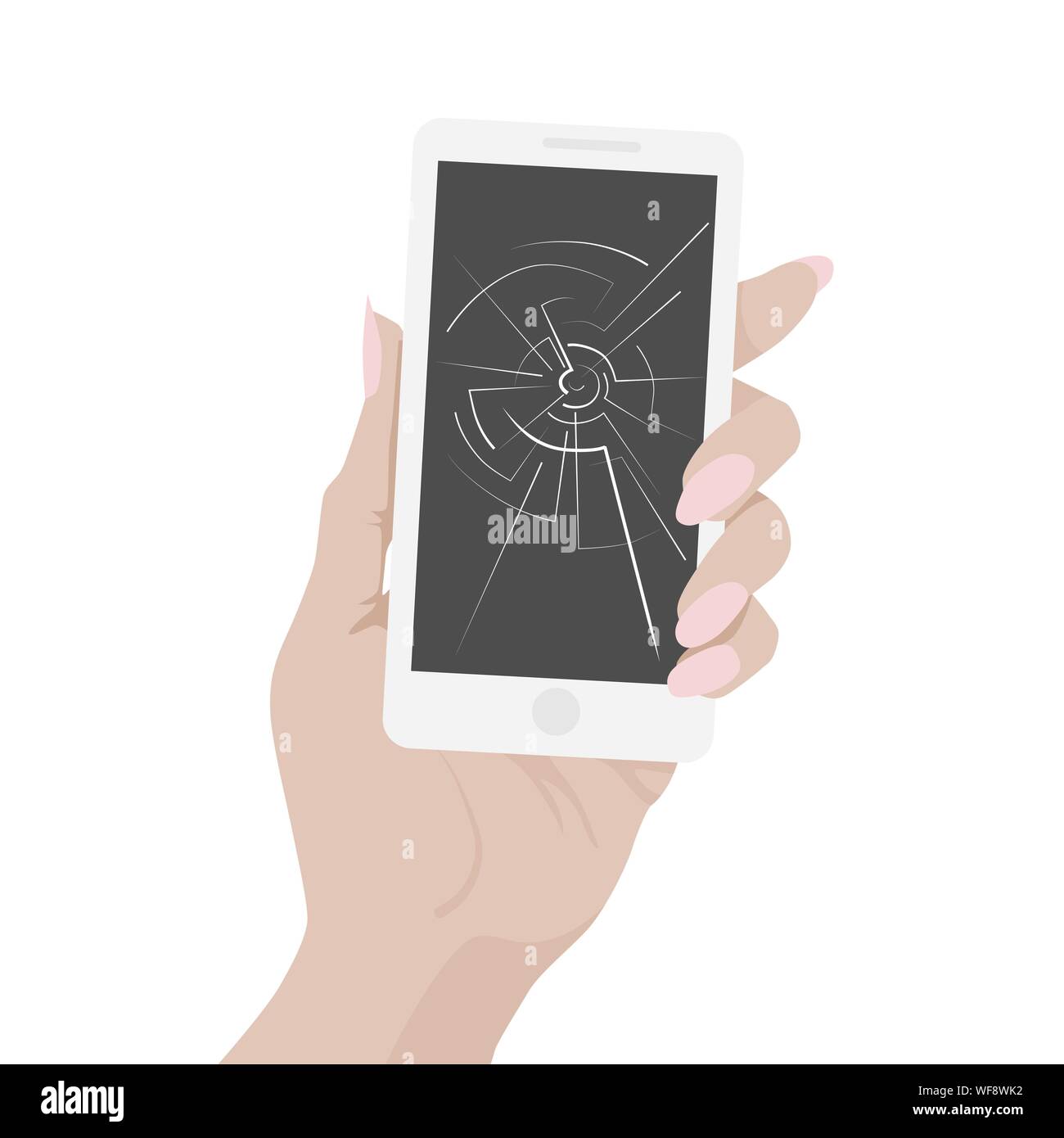 Zerbrochenes display Smartphone in eine weibliche Hand. Abbildung: Vektor auf weißem Hintergrund. Stock Vektor