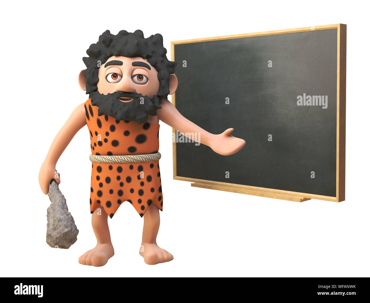 3d Funny Cartoon caveman Charakter der Lehre an der Tafel, 3d-Grafik rendern Stockfoto