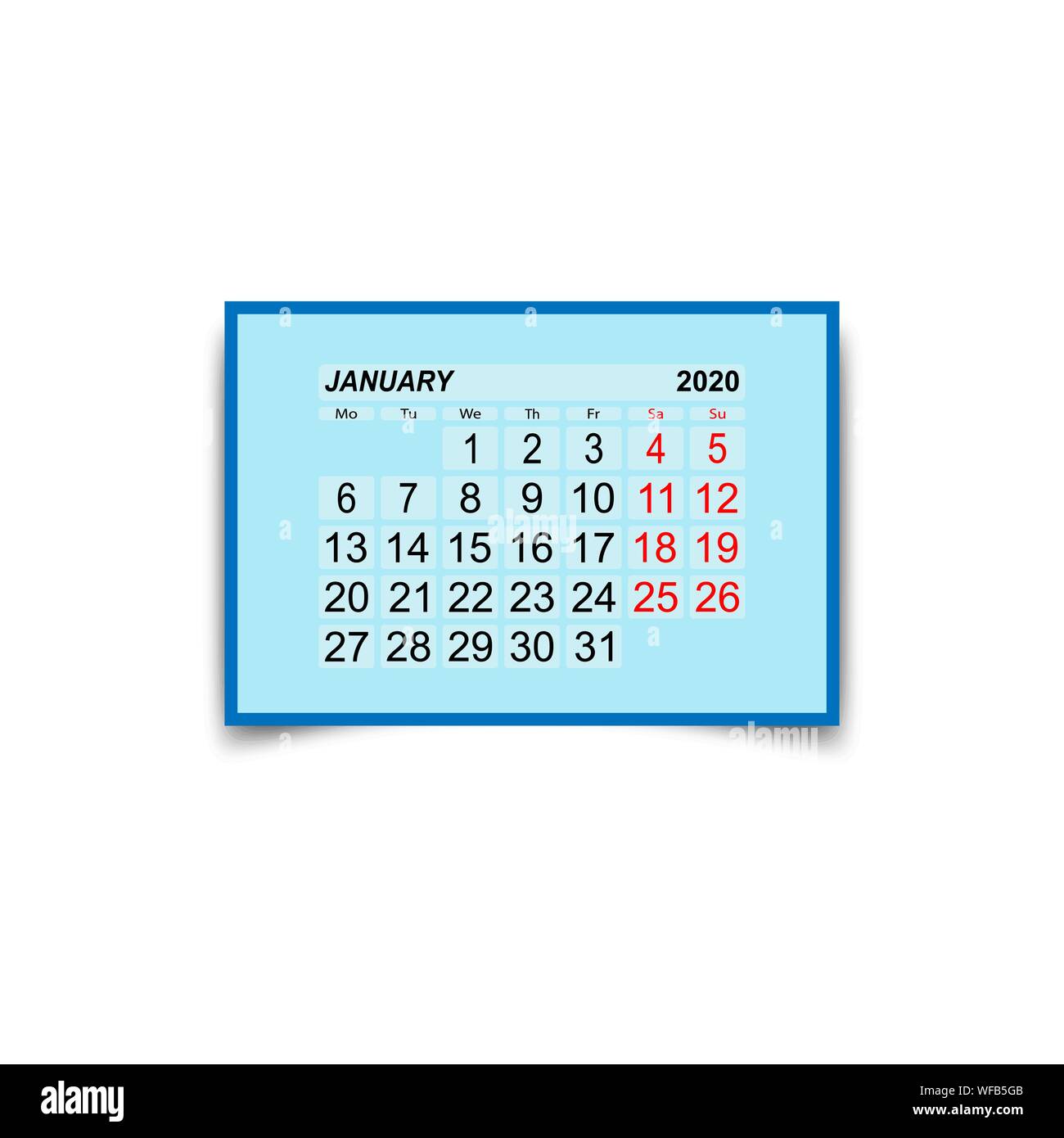 Januar 2020. Ein Kalenderblatt mit zwei freie Tage pro Woche. Stock Vektor