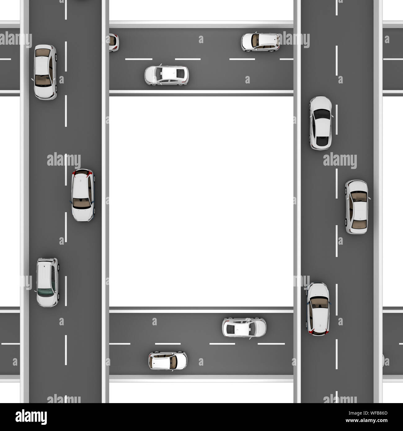 Straßen mit weißen Autos im rechten Winkel in unterschiedlichen Höhen. 3D-Rendering Stockfoto