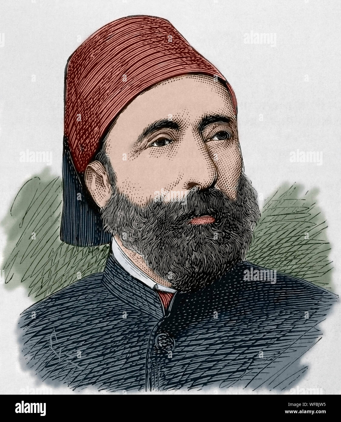 Sefik Midhat Pascha oder Ahmed Midhat Pascha (1822-1883). Zweimal osmanischen Großwesir. Er führte die osmanische Verfassung Bewegung von 1876 und der Einführung des ersten Konstitutionellen Ära. Gravur. La Ilustracion Española y Americana, 30. Juni 1876. Später Färbung. Stockfoto