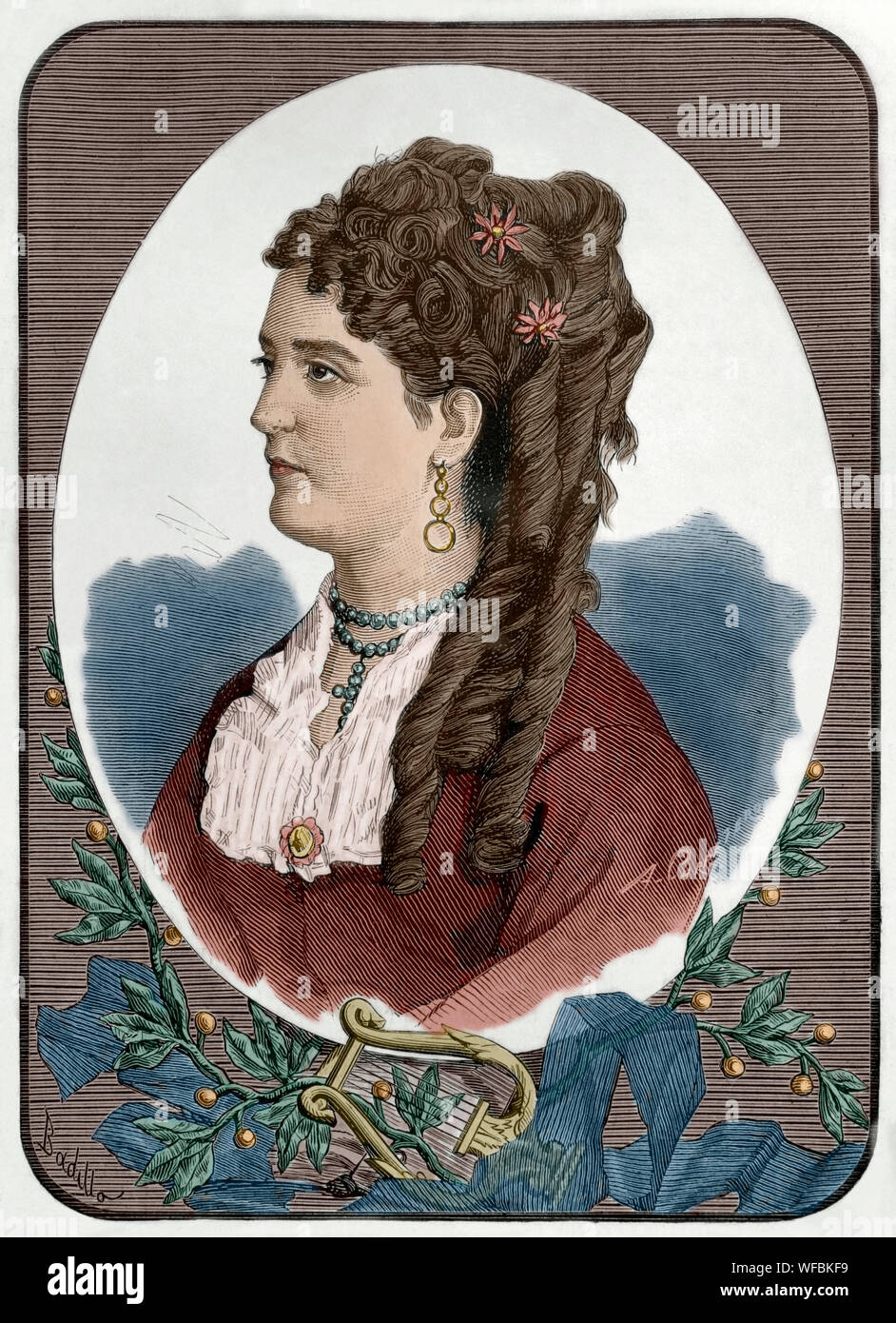 Concepcion de Estevarena (Rafaela María de la Concepción de la Trinidad Estevarena Gallardo) (Sevilla, 1854 - Jaca, 1876). Spanische Dichter der Romantik. Sie starb sehr jung, weil der Tuberkulose. Porträt. Zeichnung von badillo. Kupferstich von Arturo Carretero. La Ilustracion Española y Americana, 15. Dezember 1876. Später Färbung. Stockfoto