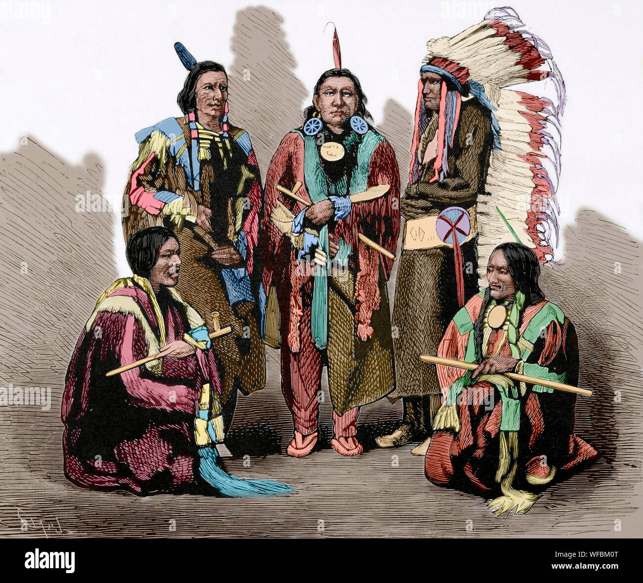 Tolle Sioux Krieg von 1876. Schlacht am Little Bighorn (Juni 25-26, 1876). Bewaffnete Auseinandersetzung zwischen vereinten Kräfte der Northern Cheyenne, Lakota, Arapaho Stämmen und die Kräfte der 7 Cavalry Regiment der US-Armee, unter dem Kommando von Lieutenant Colonel George Armstrong Custer, der starb am 25. Juni während der Kämpfe. Die amerikanische Armee erlitt eine große Niederlage. Fünf der wichtigsten Häuptlinge der Sioux Indianer, die den Bighorn Hinterhalt am 25. Juni, wo Custer starb vorbereitet. Von links nach rechts: Red Fox, Bärenfellmütze, Red Dog, felsigen halten Sie sich links und Leben tragen. Kupferstich von capuz. La Ilustra Stockfoto