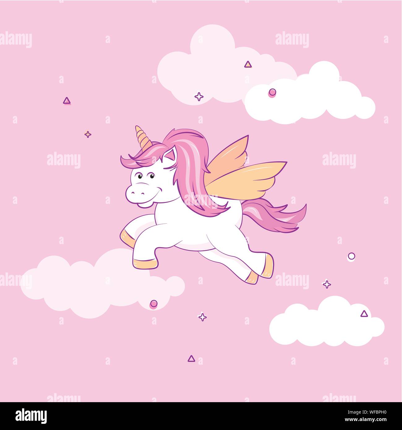 Eine süße geflügelte Einhorn, mit rosa und lila Mähne, Fliegen gegen eine blass rosa Hintergrund. EPS 10 Vektor Format Stock Vektor