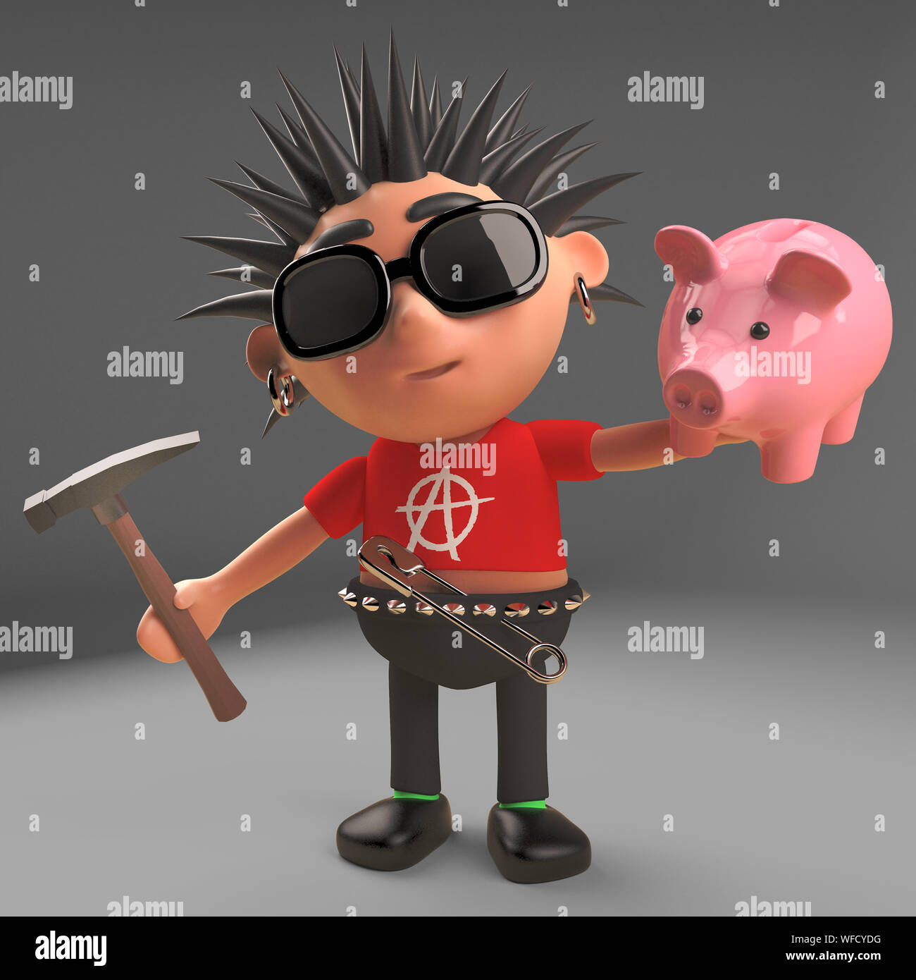 Niedrig bezahlte Punk Rocker hat sein Sparschwein mit Hammer, 3d-Grafik rendern zu zerschlagen Stockfoto