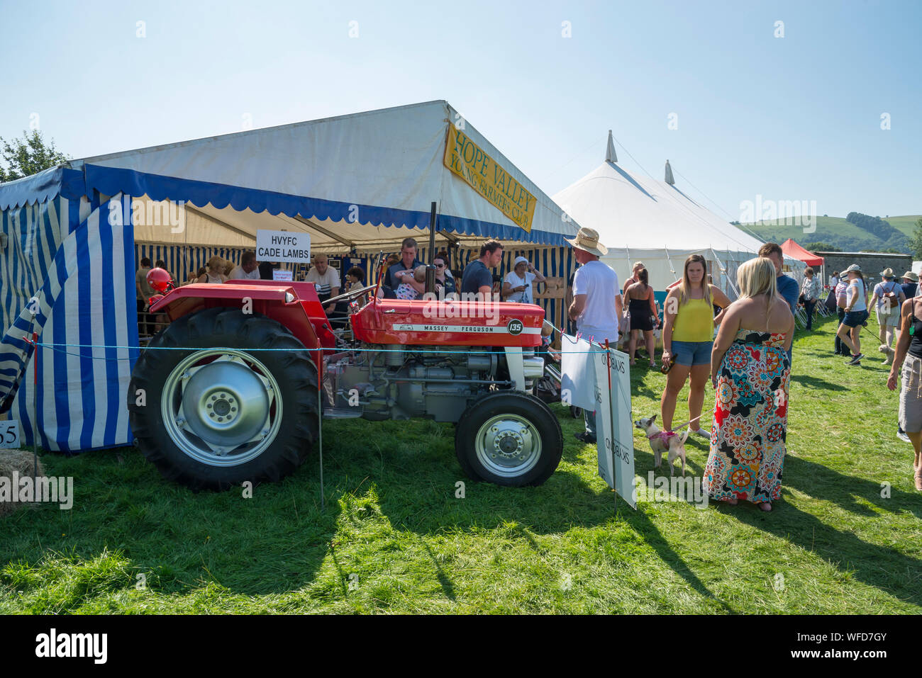 Hoffen auf den August Bank Holiday 2019 in Derbyshire, England. Wiederhergestellten roten Traktor angezeigt außerhalb der jungen Landwirte Festzelt. Stockfoto