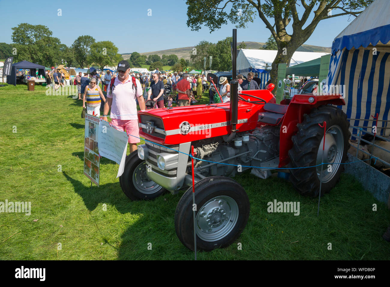 Hoffen auf den August Bank Holiday 2019 in Derbyshire, England. Wiederhergestellten roten Traktor angezeigt außerhalb der jungen Landwirte Festzelt. Stockfoto