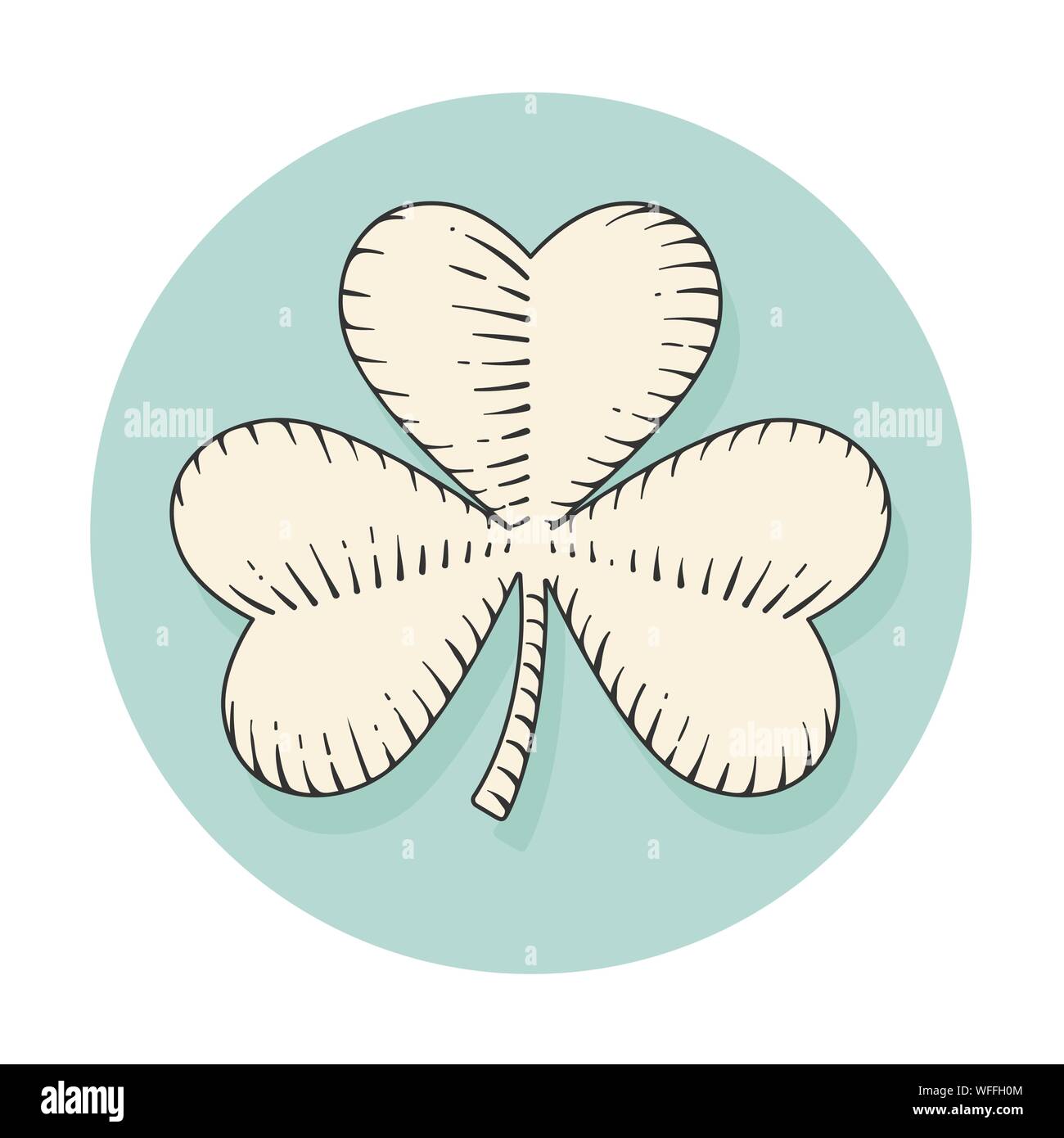 Symbol clover für st. Patrick's Day in Gravur Stil. Symbol isoliert auf eine türkisfarbene Kreis Hintergrund. Hand Design und Element gezeichnet. Vektor Stock Vektor