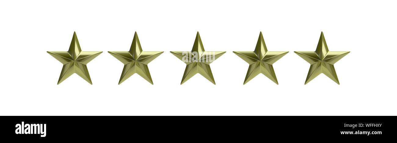 Fünf Sterne. 5 goldene Sterne isolierten Ausschnitt gegen den weißen Hintergrund. Luxus hotel Ranking Konzept, das Banner. 3D-Darstellung Stockfoto