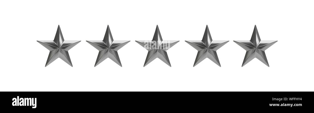 Fünf Sterne. 5 silberne Sterne isolierten Ausschnitt gegen den weißen Hintergrund. Luxus hotel Ranking Konzept, das Banner. 3D-Darstellung Stockfoto