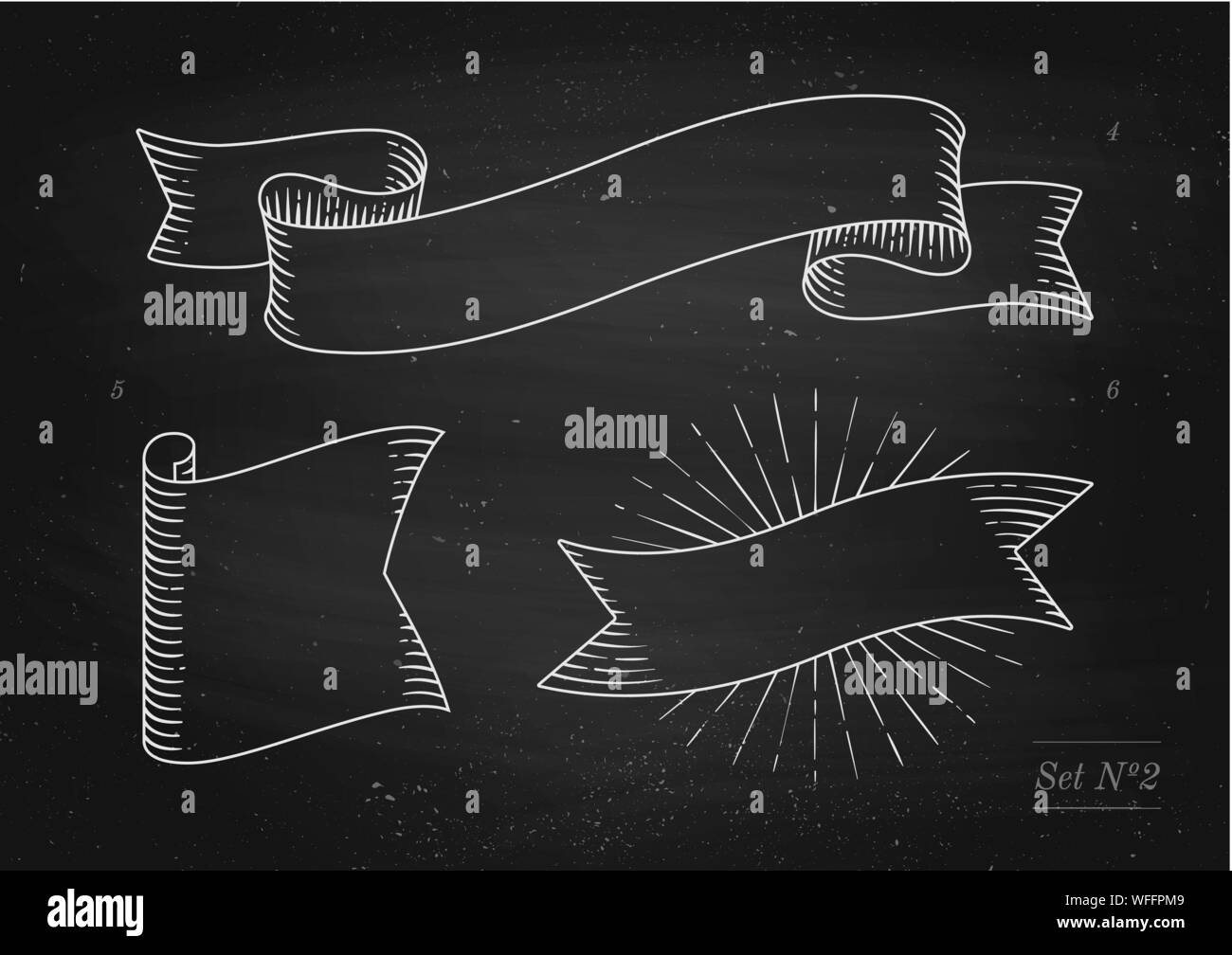 Satz von alten Vintage ribbon Banner in Gravur Stil auf einer schwarzen Tafel Hintergrund und Textur. Hand gezeichnet Design Element. Vector Illustration. Stock Vektor