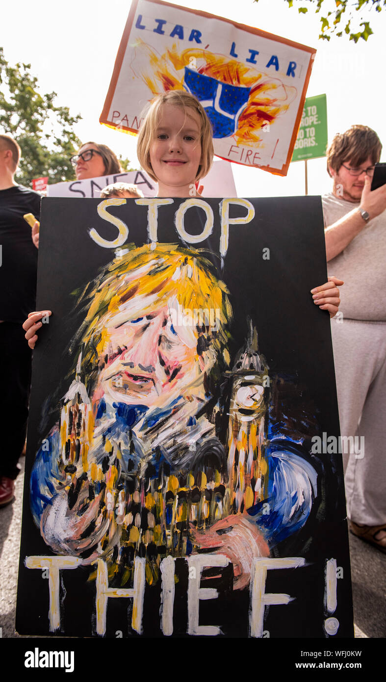 Die Demonstranten auf der Oberseite der Putsch, Protest verteidigen die Demokratie "außerhalb der Downing Street, London, UK, 31. August 2019 Stockfoto