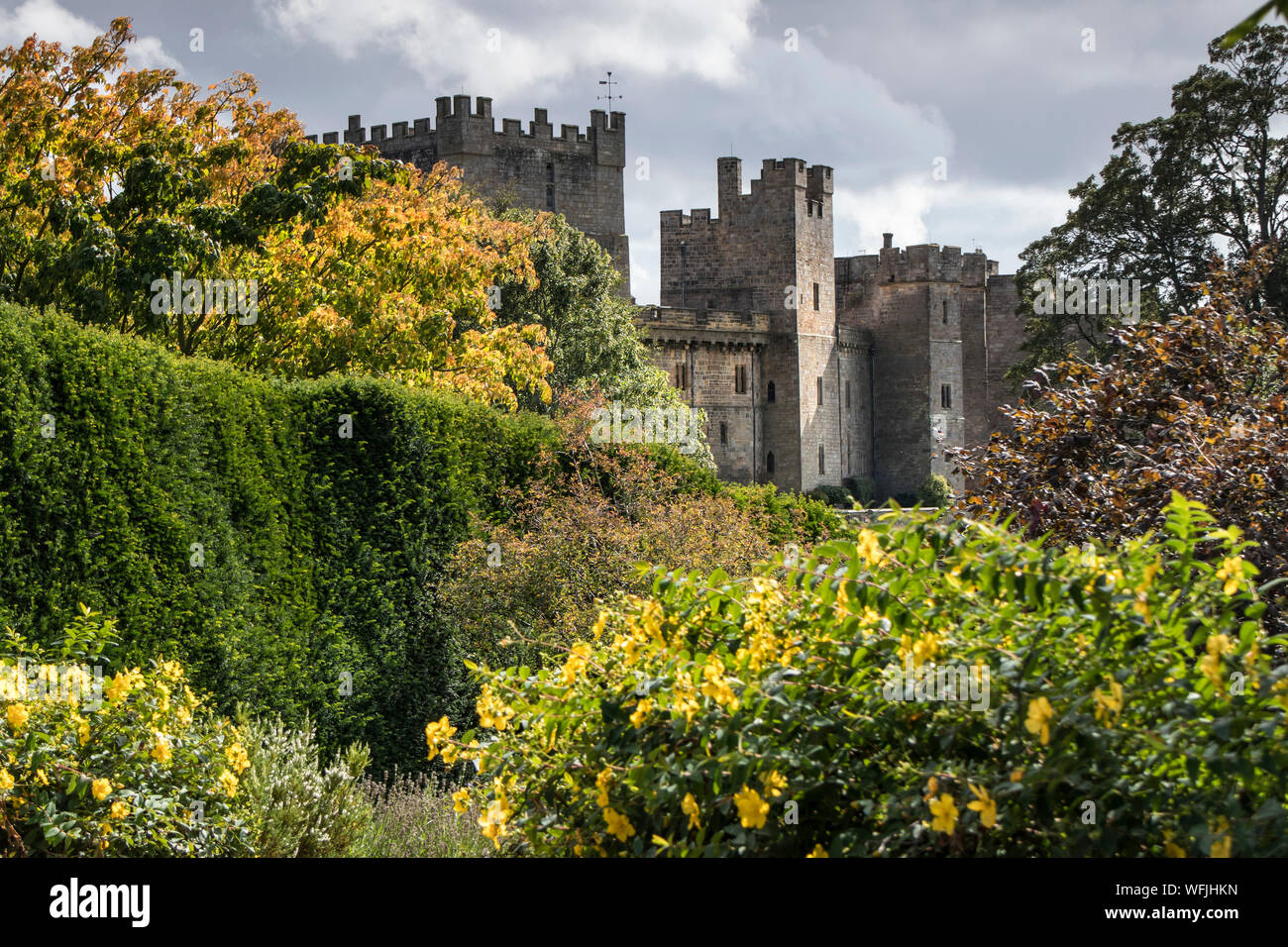 Raby Castle, Staindrop, Teesdale, County Durham, UK. 31. August 2019. UK Wetter. Nach einem Morgen des sonnigen Perioden und Duschen die Sonne beleuchtet Raby Castle und seinen bunten Gärten, die beginnen, ein paar herbstliche Farben zu entwickeln. Quelle: David Forster/Alamy leben Nachrichten Stockfoto