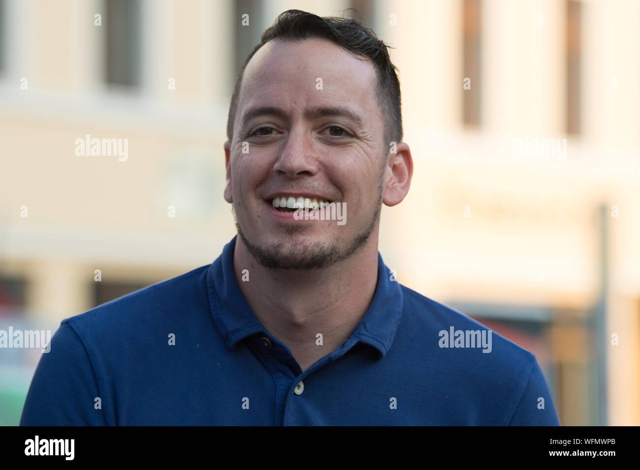 Sachsen, Deutschland. 31 Aug, 2019. Ignaz Bearth, Rechtspopulistischen Schweizer Politiker und Mitbegründer der kleinen Partei direkt-demokratische Partei der Schweiz, nimmt teil an einer Wahlkampfveranstaltung der AfD Sachsen am Marienplatz. Quelle: dpa Picture alliance/Alamy leben Nachrichten Stockfoto