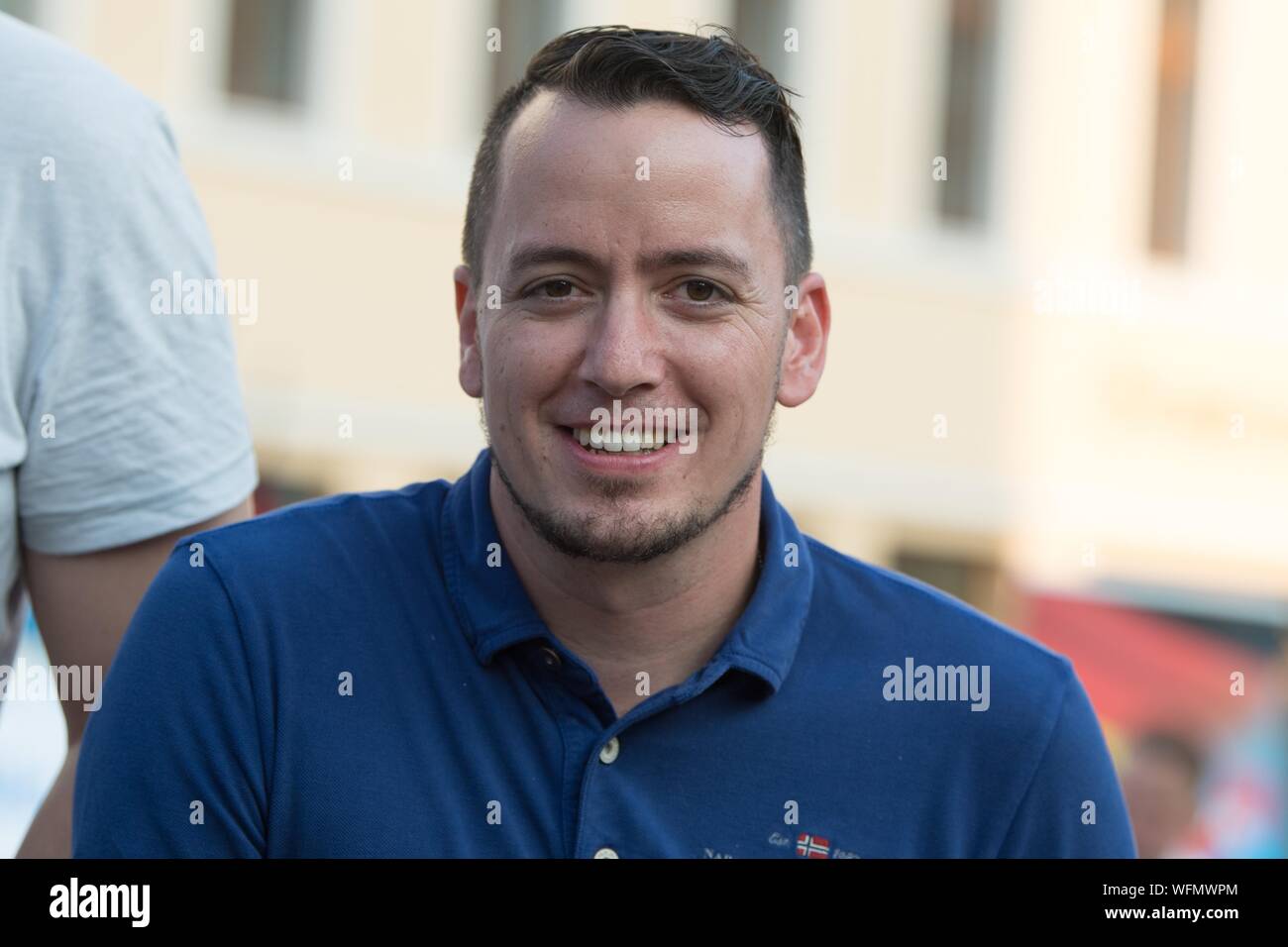 Sachsen, Deutschland. 31 Aug, 2019. Ignaz Bearth, Rechtspopulistischen Schweizer Politiker und Mitbegründer der kleinen Partei direkt-demokratische Partei der Schweiz, nimmt teil an einer Wahlkampfveranstaltung der AfD Sachsen am Marienplatz. Quelle: dpa Picture alliance/Alamy leben Nachrichten Stockfoto