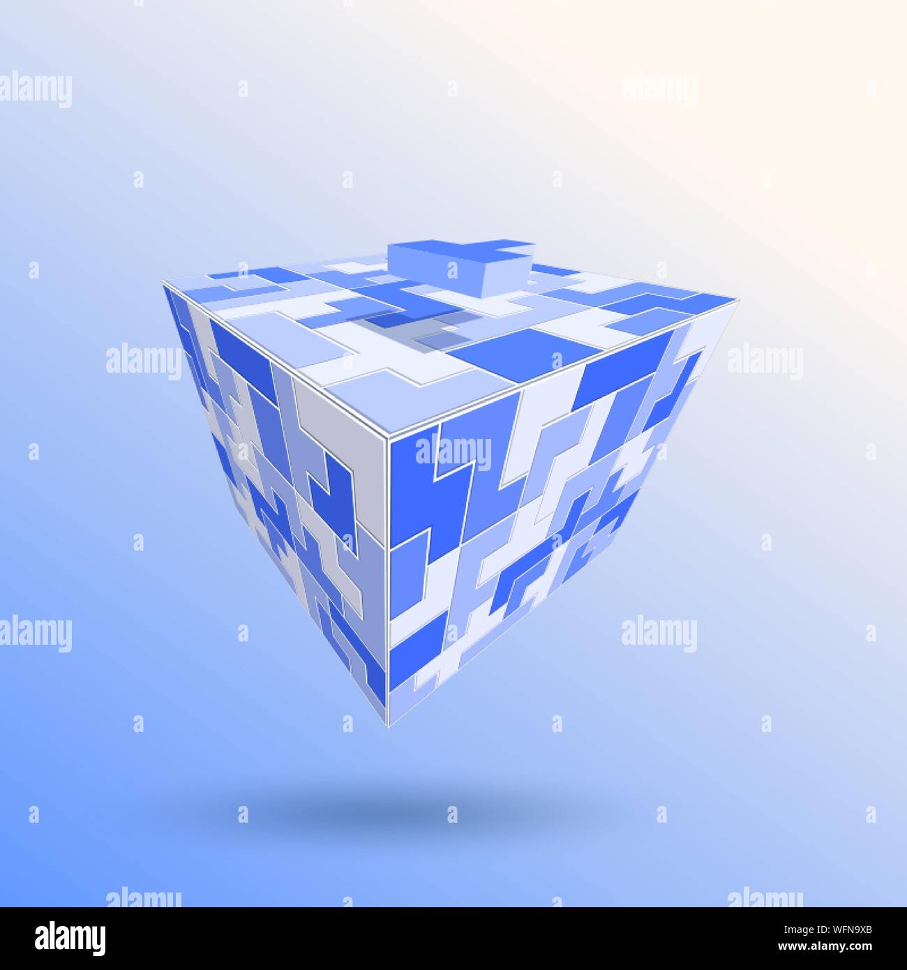 Blauen und Weißen Puzzleteile, Tetris, zusammen in Würfelform, abstrakten Hintergrund. Vector Illustration Perspektive betrachten. Stock Vektor