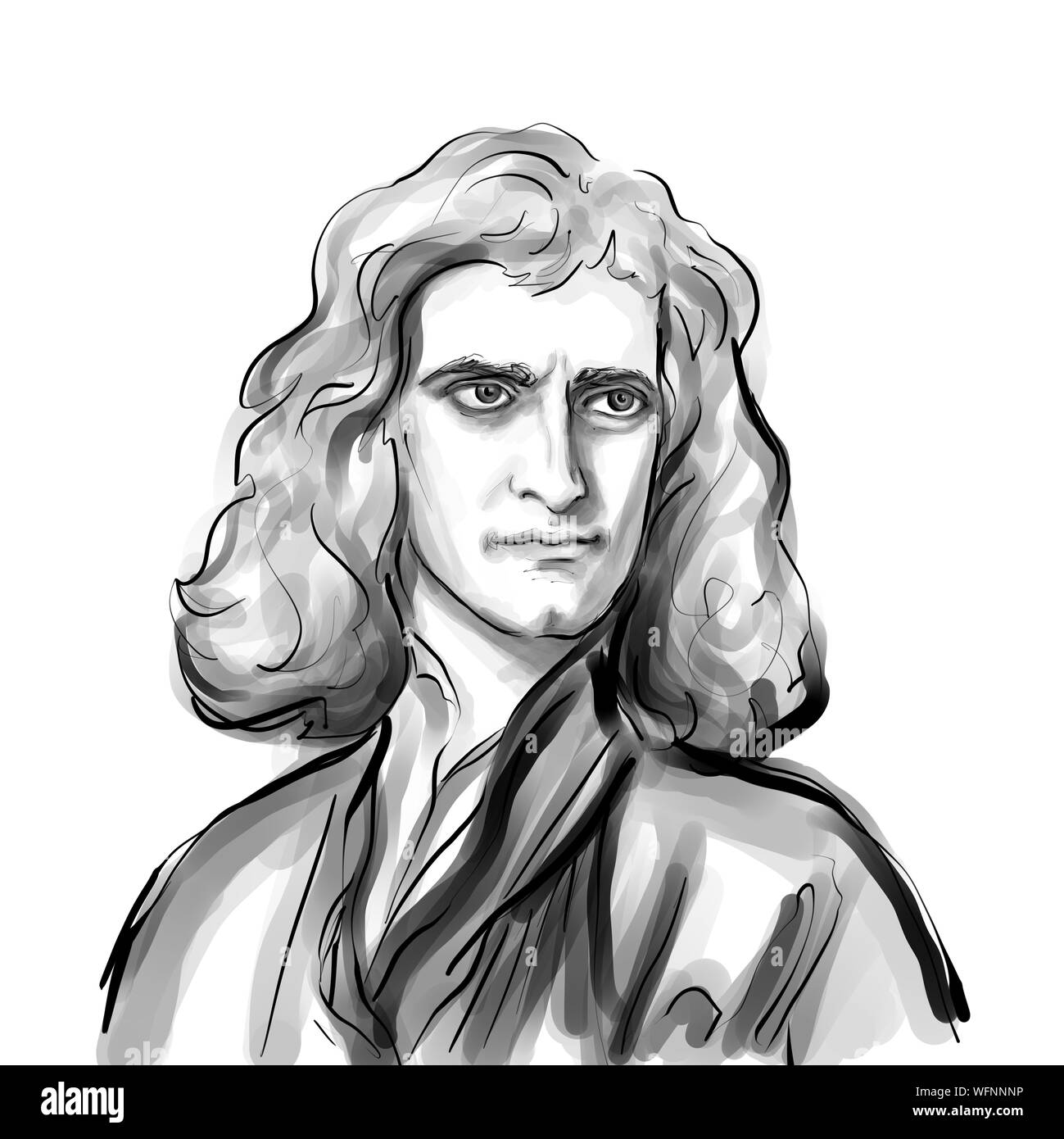 Karikatur von Isaac Newton theoretische Physiker Wissenschaftler Portrait Zeichnung Abbildung Stockfoto