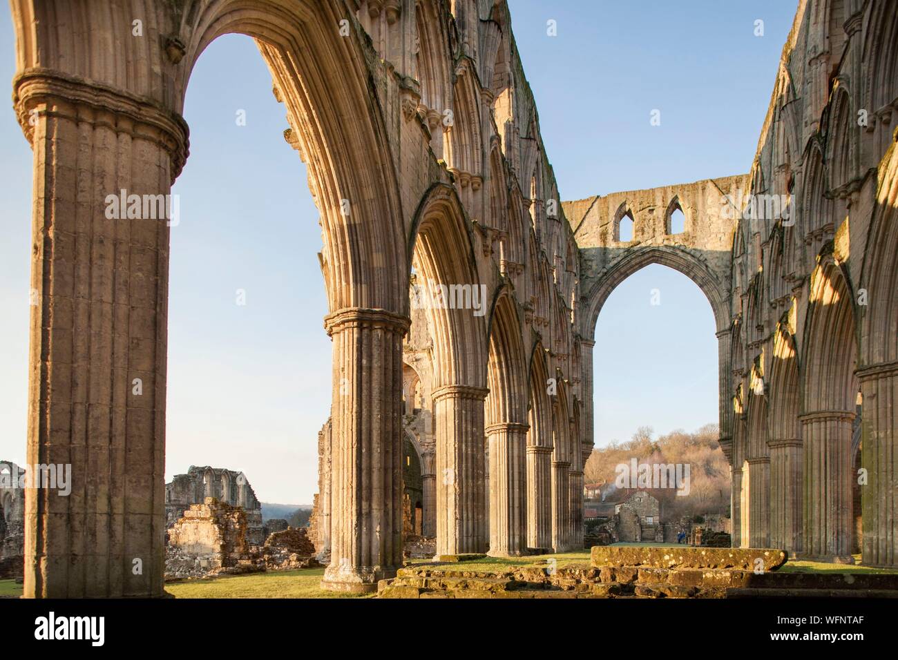 Vereinigtes Königreich, England, Yorkshire, Rievaulx Abbey, Innenansicht bei Sonnenuntergang Stockfoto