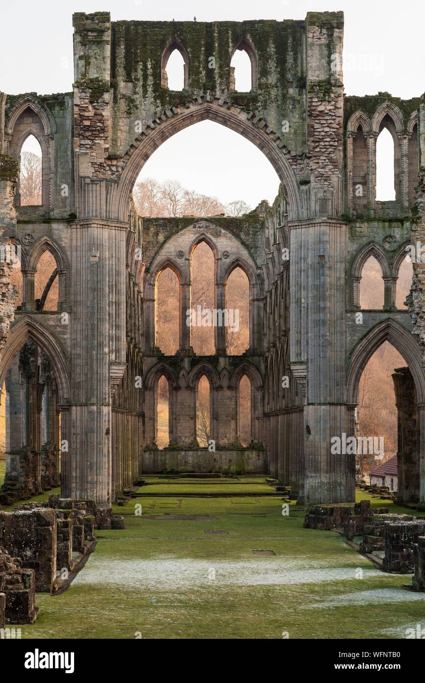 Vereinigtes Königreich, England, Yorkshire, Rievaulx Abbey, Innenansicht bei Sonnenuntergang Stockfoto