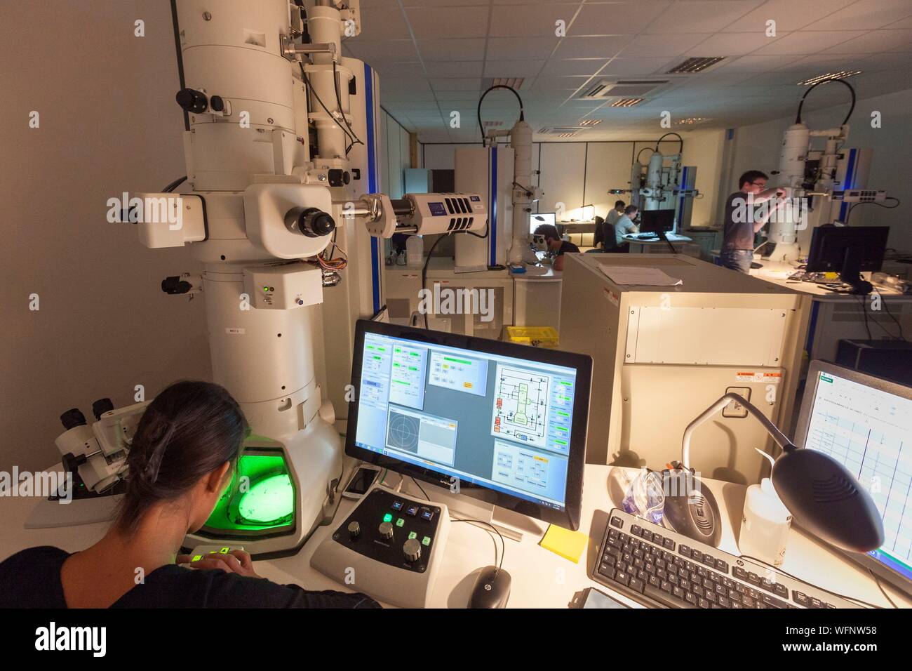 Frankreich, Eure, Grand Bourgtheroulde, ökologischen Labor, Analyst researshing Asbestfasern mit analytischen Transmissionselektronenmikroskopie (Atem) Stockfoto