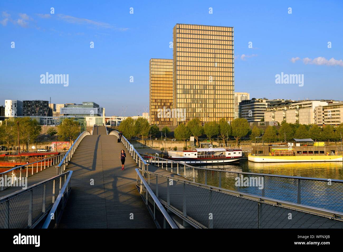 Frankreich, Paris, die Ufer der Seine, Bibliotheque Nationale de France (Französische Nationalbibliothek) von Architekt Dominique Perrault und die Simone de Beauvoir Fußgängerbrücke von Architekt Dietmar Feichtinger Stockfoto