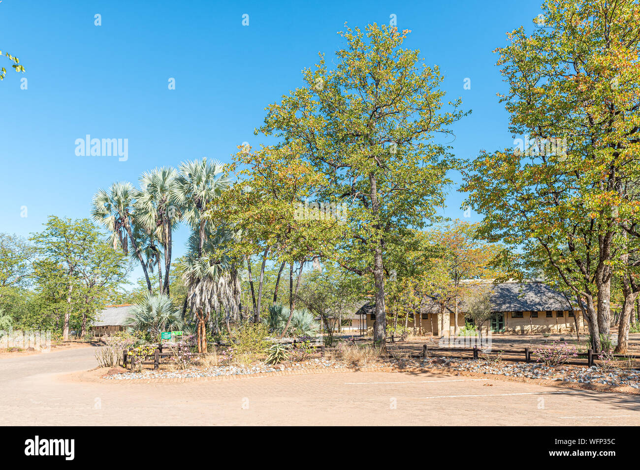 Krüger National Park, Südafrika - 13. MAI 2019: Eine Ansicht von Shingwedzi Rest Camp. Gebäude und Bäume sind sichtbar Stockfoto