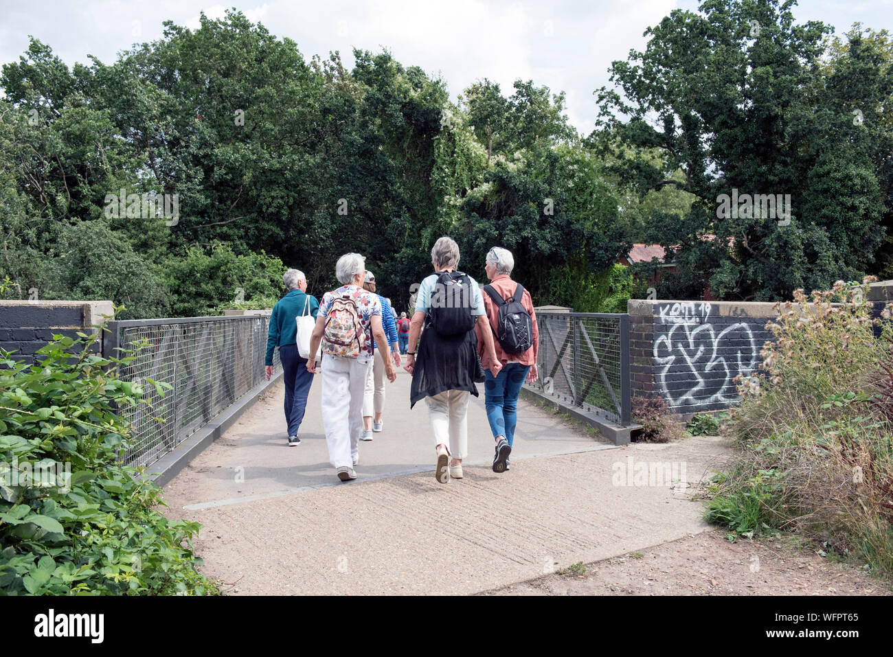 Spaziergang Gruppe von älteren Damen zu Fuß auf die Parklandschaft eine stillgelegte Bahnstrecke jetzt ein urban Nature Reserve Stockfoto