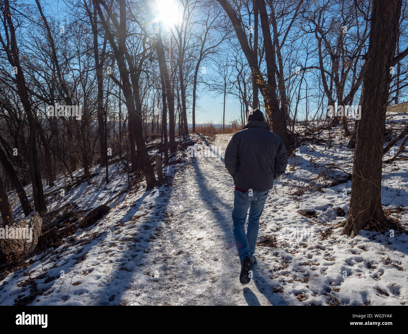 Man Walking auf verschneiten Trail durch den Wald im Winter in Minnesota Valley National Wildlife Refuge, Bloomington, Minnesota, USA Stockfoto