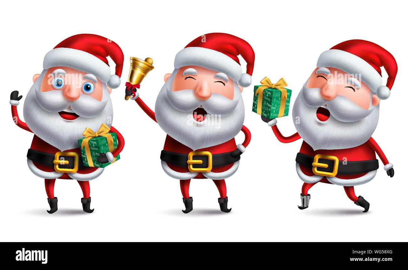 Santa claus Vektor Zeichensatz holding Weihnachtsgeschenke, Bell und überraschen mit glücklichen Lächeln und Reden, während der Verzicht auf Händen für Weihnachten Elemente Stock Vektor