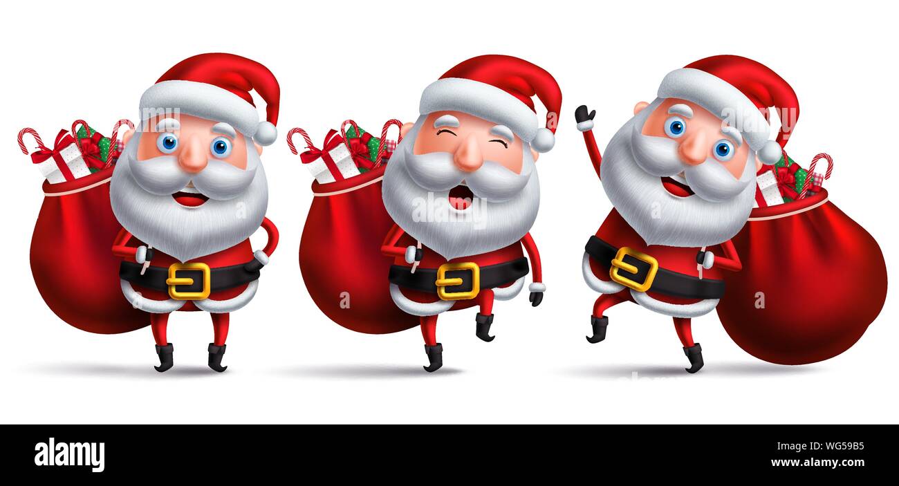 Santa claus Vektor Zeichensatz Durchführung vollen Sack Weihnachten Geschenke und Überraschungen mit glücklichen Gesicht und in weißen Hintergrund lachen isoliert Stock Vektor