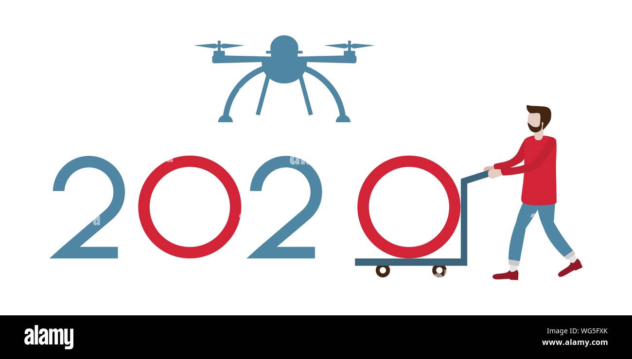 Vector Illustration. Drone und bringen Menschen Zahlen für 2020. Neues Jahr Hintergrund. Design für Webseiten, Präsentationen, drucken. Stock Vektor