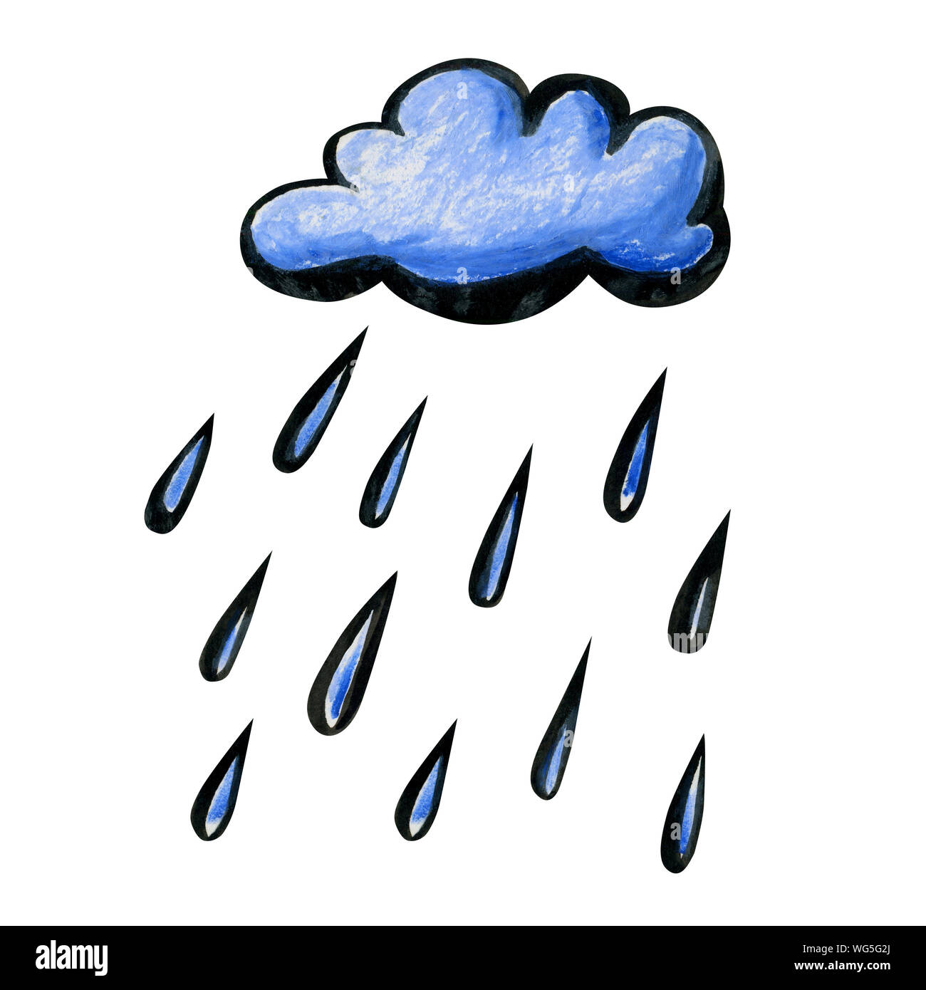 Helle cartoon rain Cloud. Weiß-Blaue Wolke von Hand gezeichnet und isoliert auf einem weißen Hintergrund. Und flauschig weiche, runde Form mit einer schwarzen Umrandung und mit La Stockfoto