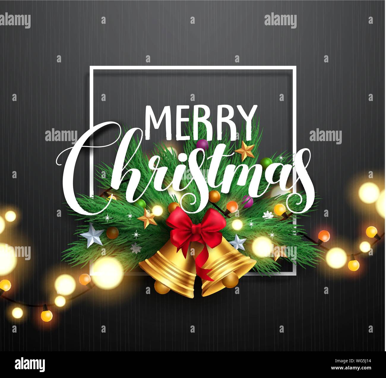 Frohe Weihnachten Gruß Typografie und Weihnachten Kranz mit gold Glocken  und Helle unscharfe Weihnachtsbeleuchtung in Schwarz strukturierten  Hintergrund. Vektor Stock-Vektorgrafik - Alamy