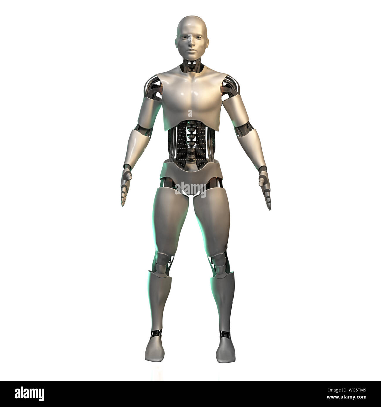 Futuristischer Roboter, männliche Cyborg isoliert auf weißem Hintergrund (3D-Hintergrund) Stockfoto
