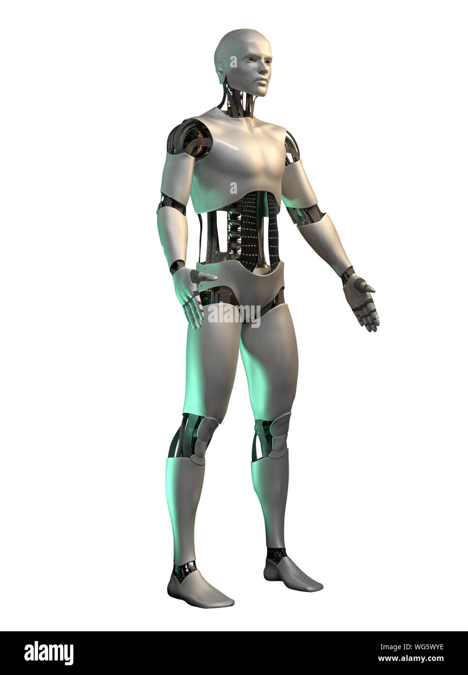 Humanoide Roboter stehen, männliche Cyborg isoliert auf weißem Hintergrund (3D-Hintergrund) Stockfoto