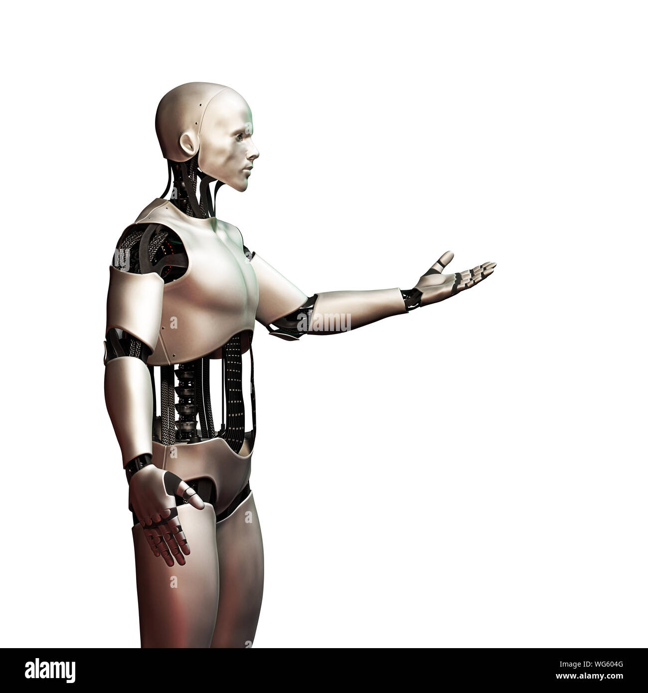 Futuristischer Roboter, männliche Cyborg präsentieren, auf weißem Hintergrund (3D-Hintergrund) isoliert Stockfoto