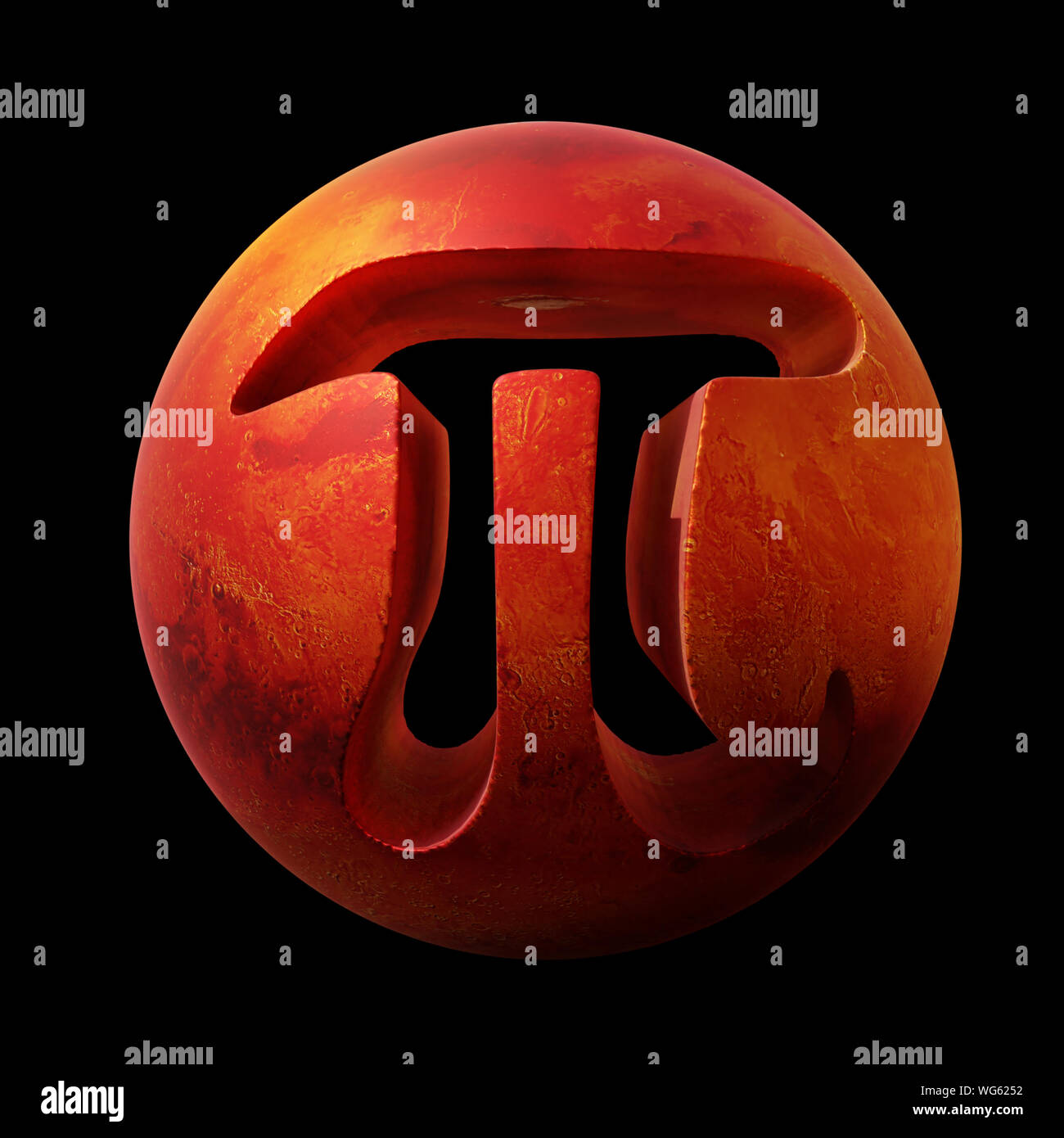 Symbol für Pi und Planet Mars, mathematische Konstante isoliert auf schwarzen Hintergrund (surreal 3D-Rendering) Stockfoto