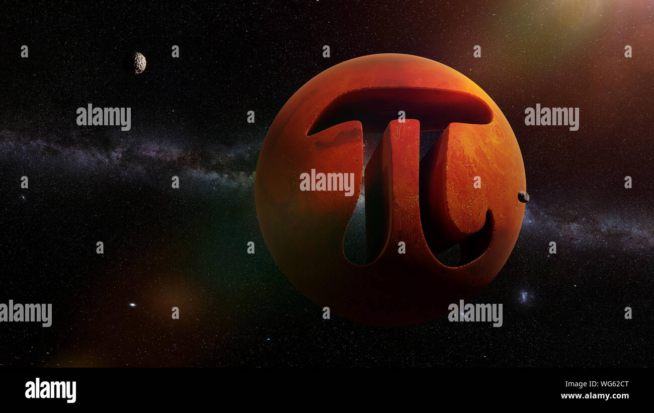 Symbol für Pi und Planet Mars, mathematische Konstante im Weltraum Stockfoto