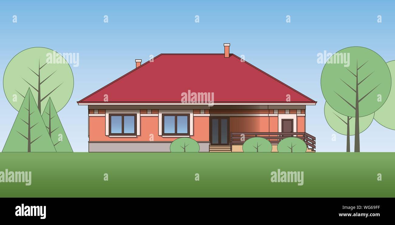 Architektonische Fassade eines Hauses auf dem Land. Ansicht der einstöckigen Häuschen. Vektor realistische Abbildung: EPS 10. Stock Vektor